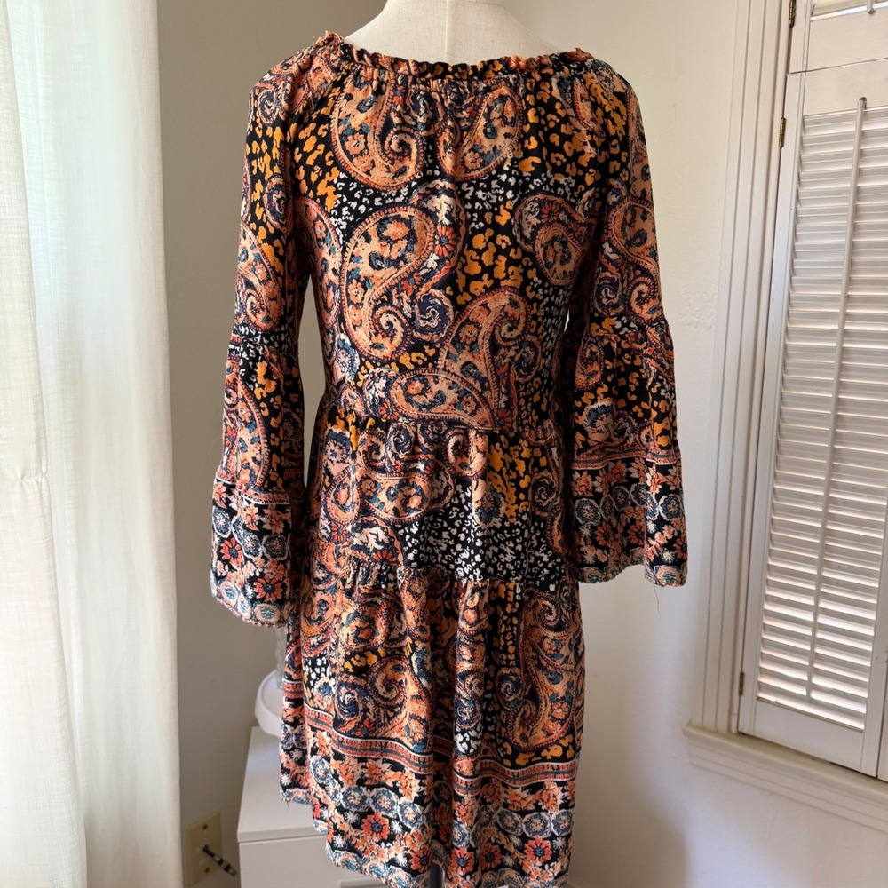 Angie Womens Paisley Bell Sleeve Tiered Mini Dress Orange Black Boho Small - Picture 3 of 6